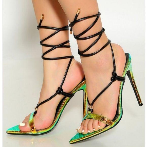 Mermaid Metallic & Black Ankle Wrap Heels - Picture 8 of 11